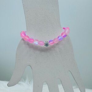 Chic Pink Matte Moonstone Beaded Bracelet w/ Rhinestone
